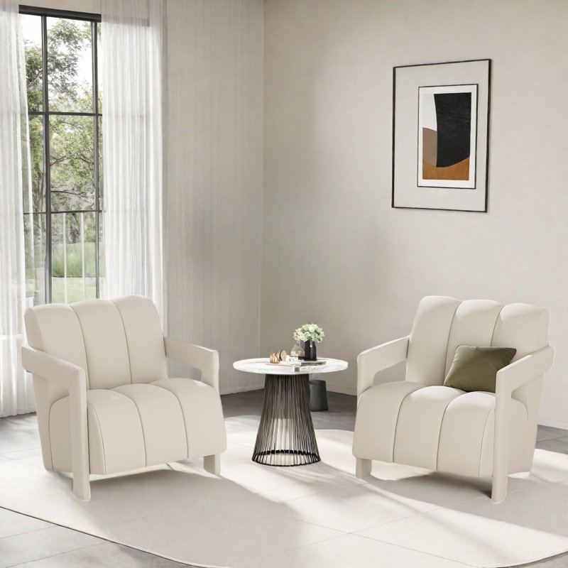 Set Of 2 Modern Armchairs With L-Shaped Armrests, White Polyester