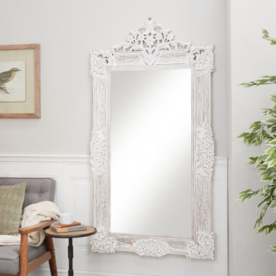 Wood Intricately Carved Acanthus Floral White Wall Mirror