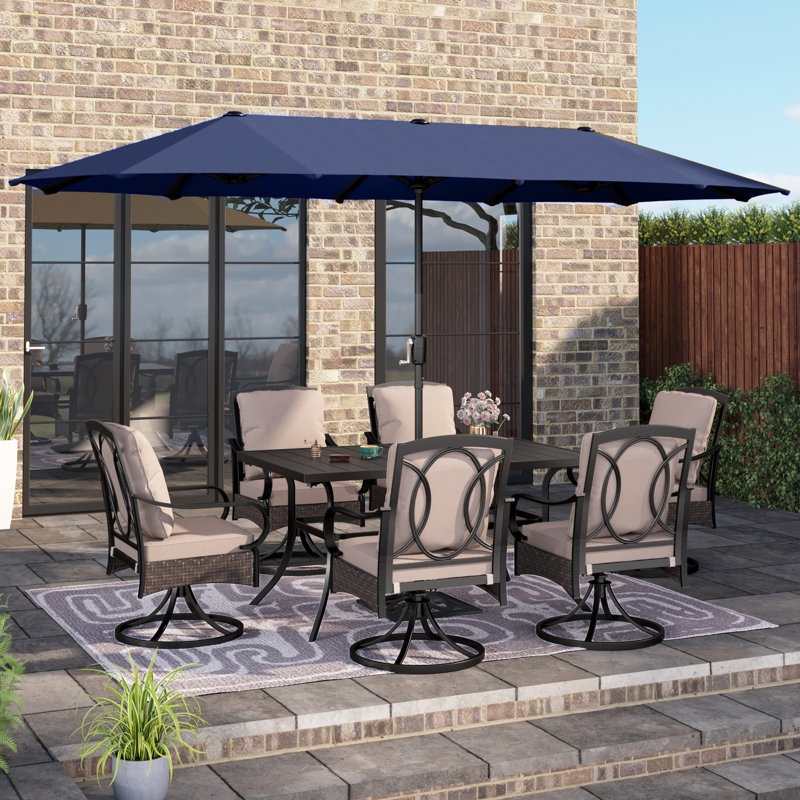 Ensemble de salle à manger rectangulaire pour 6 personnes de 60 po avec coussins et parasol Leonard, Bleu marine