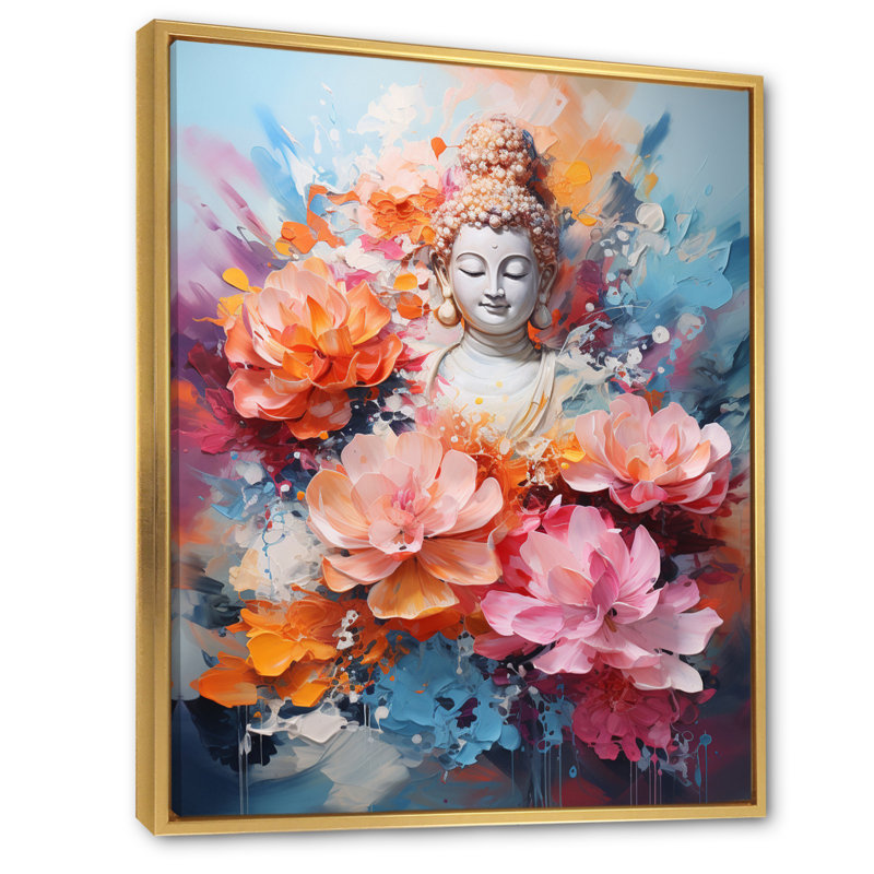 Bouddha floral en méditation II, H 44 po x l 34 po x P 1,5 po, Cadre flottant doré