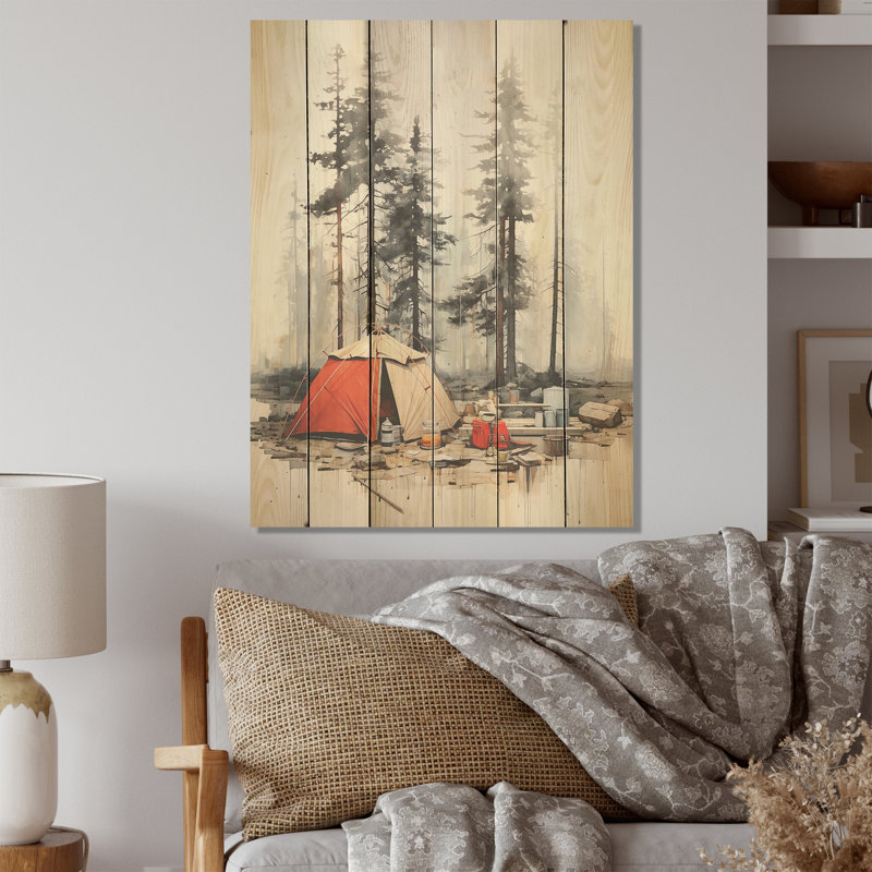 Minimalisme, camping, voyage, collage I - camping, voyage, art mural sur bois de pin naturel, H 20 po x l 10 po