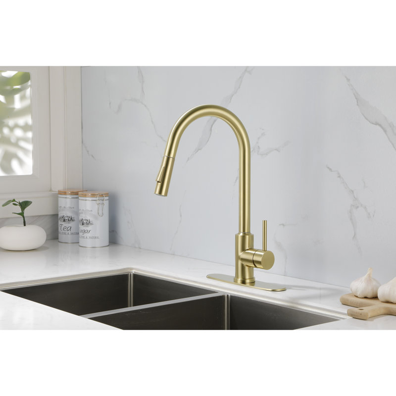 Pull Down Kitchen Faucet In Gold Stainless Steel - 360 Swiveling High Nozzle, Single Handle For Easy Adjustment Of Water Temperature And Flow, Corrosion Rust-, 16.27 In. Depth, 10.04 Width, 9.05