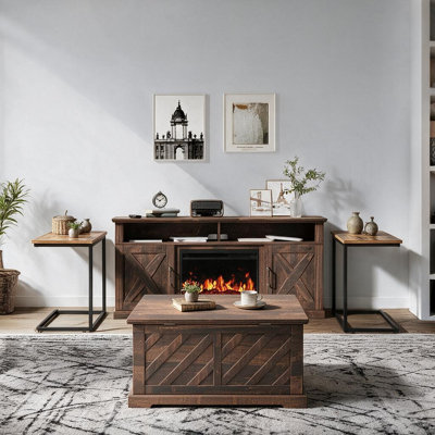 Ensemble de salon de style ferme moderne avec table basse relevable, meuble télé avec foyer et tables d'appoint assorties