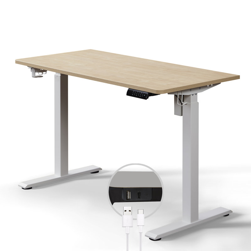 Aario One Piece Electric Height Adjustable Standing Desk with USB Charger, 140cm W x 60cm D, Oak/Grey