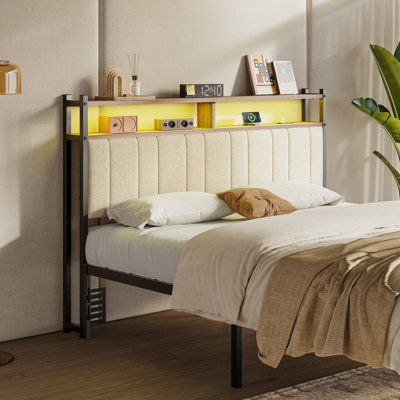 Storage Upholstered Headboard Metal Headboard With Charging Station LED Light And USB Port