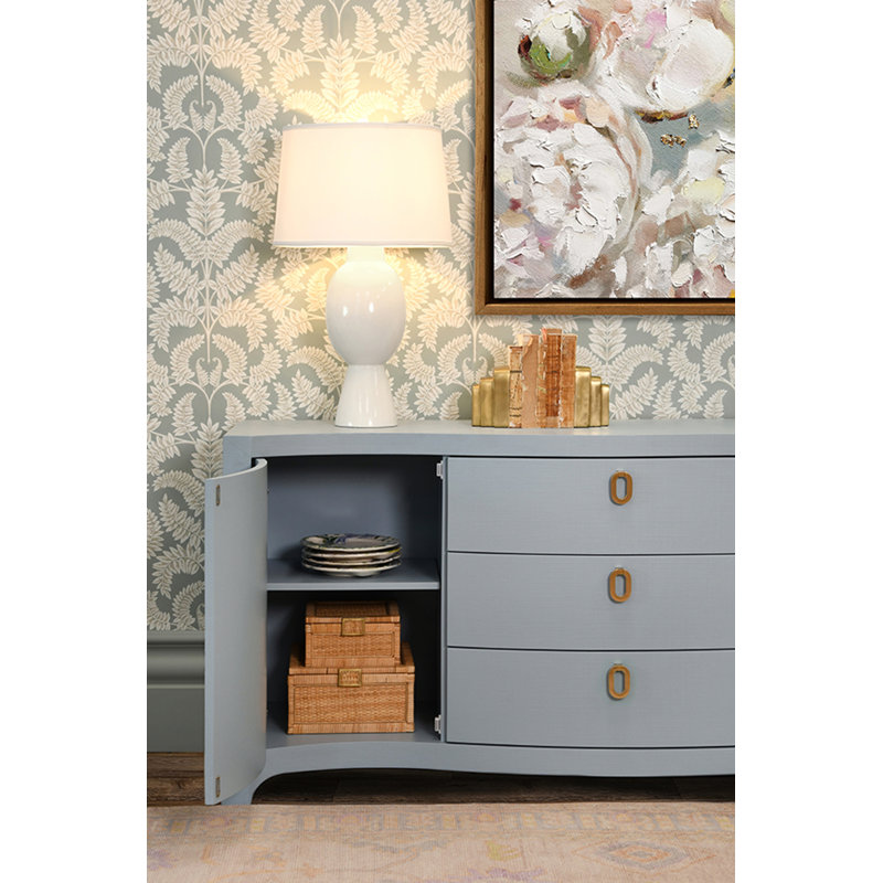 Curved Front Two Door Three Drawer Buffet In Textured Light Blue Linen With Satin Brass Ring Hardware, Textured Light Blue