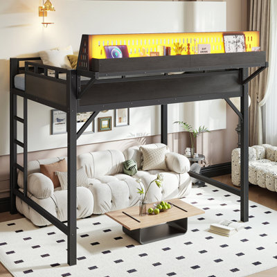 Structure de lit mezzanine pleine grandeur avec tablettes de rangement et panneau perforé, lit mezzanine en métal avec ports USB et lumières DEL, sécuritaire et robuste, noir
