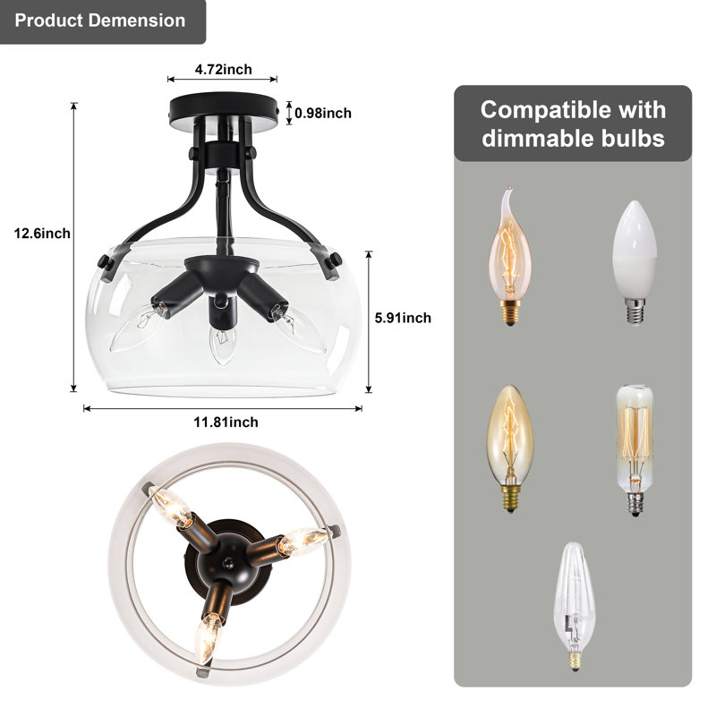 3 - Light Glass Drum Semi Flush Mount Light, Matte Black