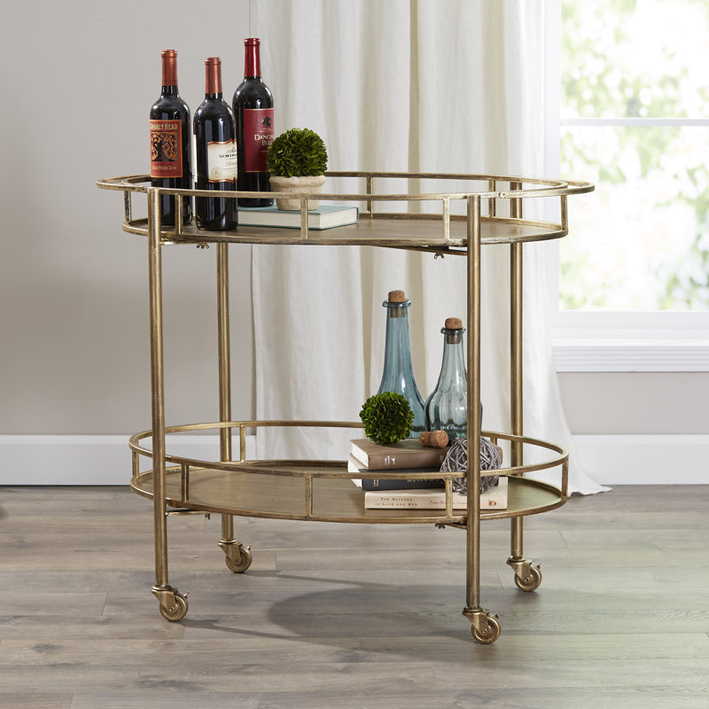 Oval 2-Tier Metal Bar Cart with Wheels, Gold