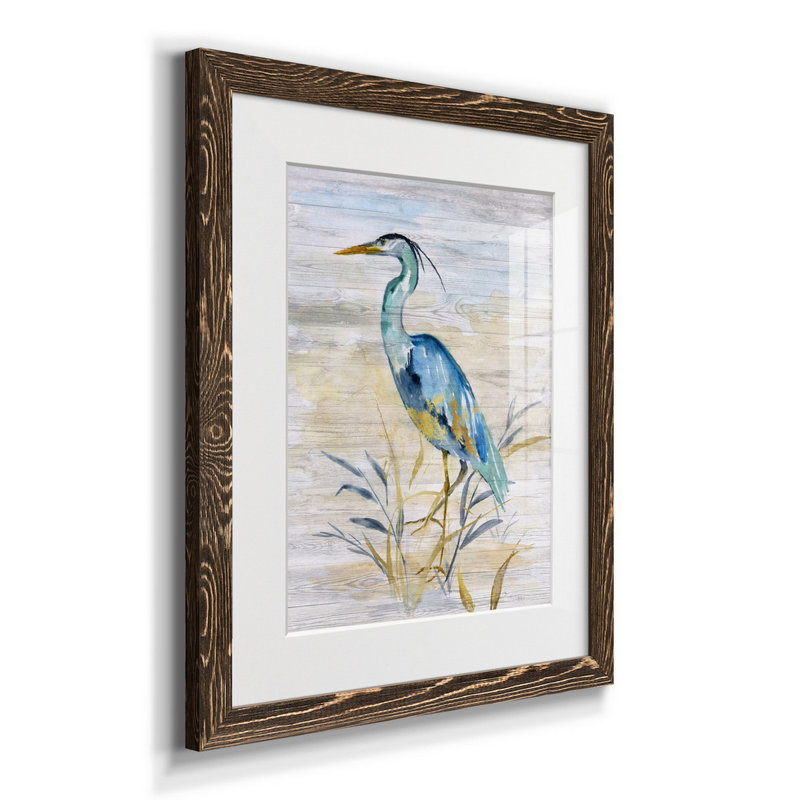 Blue Heron II - reproduction d'art, H 20 po x l 17 po x P 1,5 po, Papier, cadre noyer, Blanc