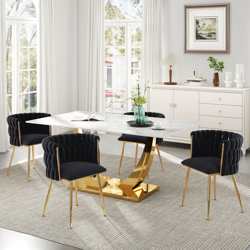 Ensemble de salle à manger rectangulaire à piédestal avec chaise tissée, Noir