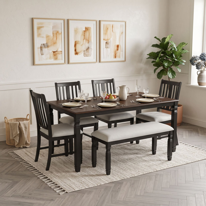 Ensemble de table de salle à manger 6 pièces avec 4 chaises rembourrées et banc, Espresso Black