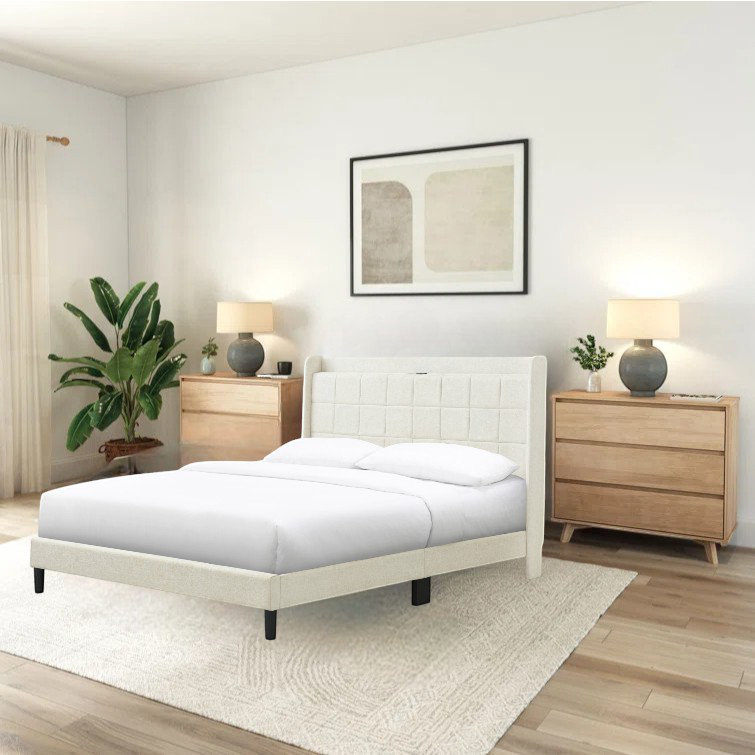Lit capitonné rembourré avec tête de lit et station de charge intégrée - Grand lit, pied de lit bas, base de lit en tissu moderne