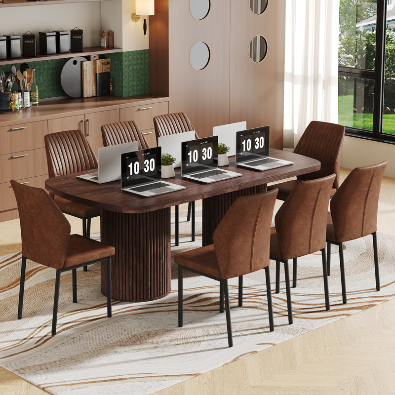 Ensemble de table de salle à manger 78,7 po, 9 pièces : table, 8 chaises, Brun, Bois brun / bois brun