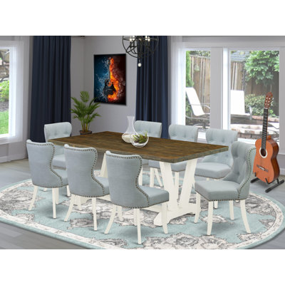 L'ensemble 9 pièces comprend une table rectangulaire jacobine délavée et 8 chaises en lin bleu bébé avec dossier capitonné - Lin brossé blanc