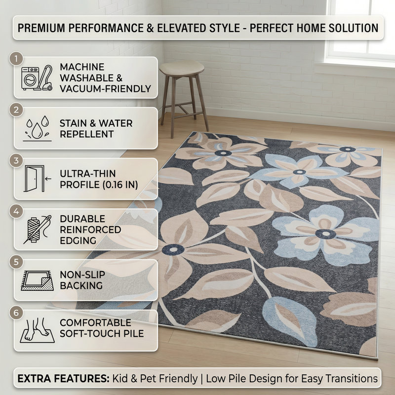 Machine Washable Boho Floral Area Rug Non-Slip Backing Charcoal Blue/Beige Indoor Carpet for Living Room, Bedroom, Hallway Runner