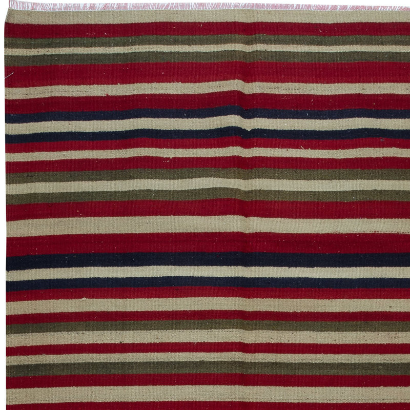 Tapis kilim anatolien tissé à la main 4,8 x 9,8 pi avec rayures colorées, «Flat-Weve», 100% laine