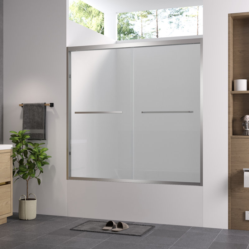 Porte de douche coulissante double avec finition, 56 - 60 "x 58", verre trempé de 1/4 "de 6 mm, cadre en aluminium, coffre de baignoire sécuritaire et tendance pour la salle de bain avec quincaillerie, protection de boîte en nid d'abeille