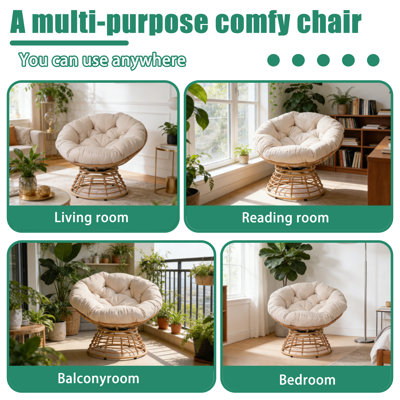 Fauteuil rotatif en osier, fauteuil rotatif rotatif à 360 ° avec coussin moelleux épais, fauteuil d'appoint confortable pour chambre à coucher, salon, balcon, patio (jaune + gris)