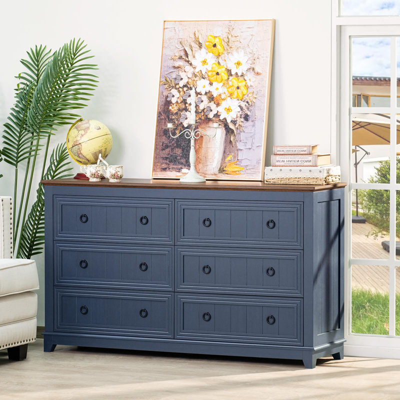 Dragonfly Pottery 54 Inch Wide Wood Dresser Chest of Drawers, Blue