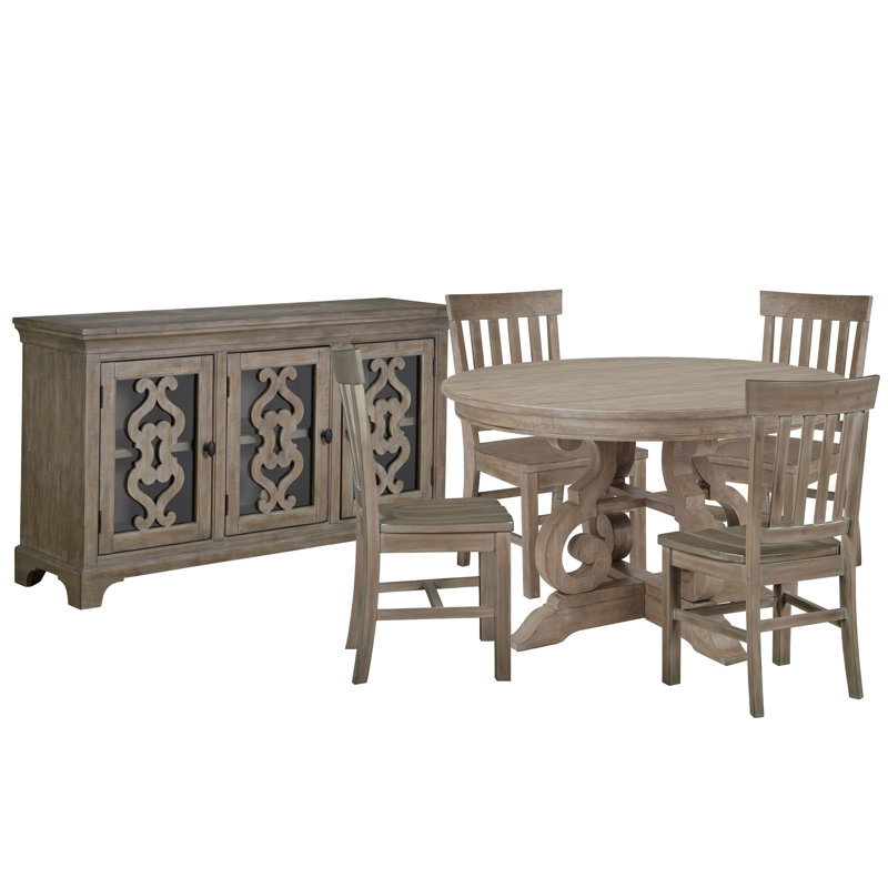 48" Round Dining Table With 4 Side Chairs And Server, White, 6 Pieces: Table, 4 Chairs, Server