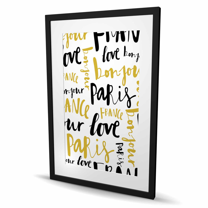 Bonjour Paris - typo doré et symboles encadrés, H 36 po x l 24 po, Black