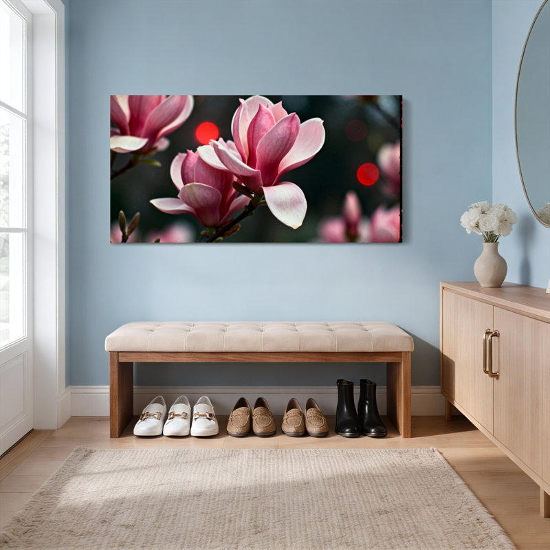 Ensemble de 1 tableau mural sur toile tendue représentant une fleur de magnolia, H 12 po x l 36 po