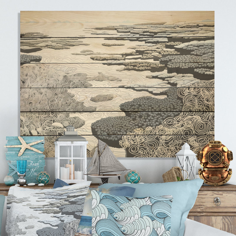 Gris, paysage abstrait - corail côtier sous l'eau, art mural sur bois de pin naturel, H 10 po x l 20 po