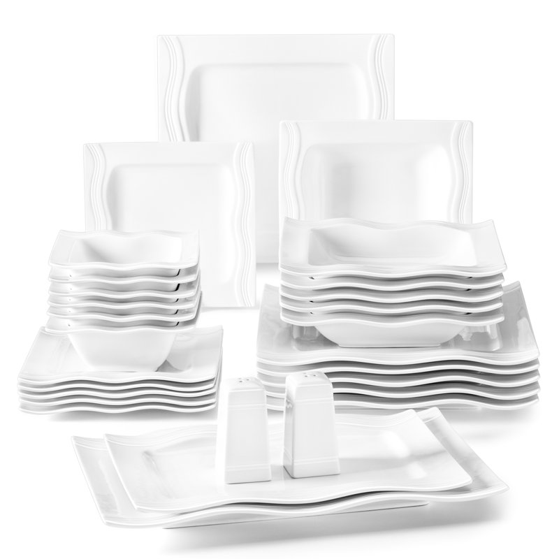 28 Pcs Porcelain Dinnerware Set, White Set, Square Plates With Corrugation , Service For 6 Person, Dinner Plate, Dessert Plate, Soup Plate, Bowl, Platter And Pot For Salt Or Pepper Set