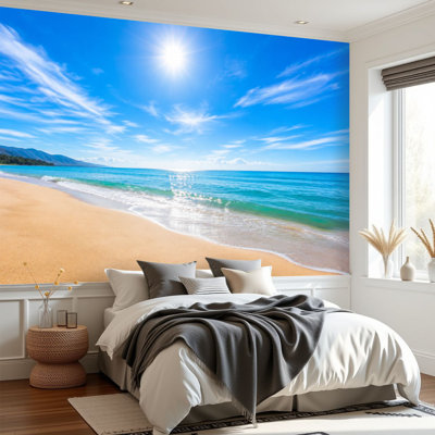 Papier peint adhésif autocollant paysage marin soleil bleu ciel Papier autocollant amovible pour décoration de salon Chambre à coucher H 69 po x l 96 po