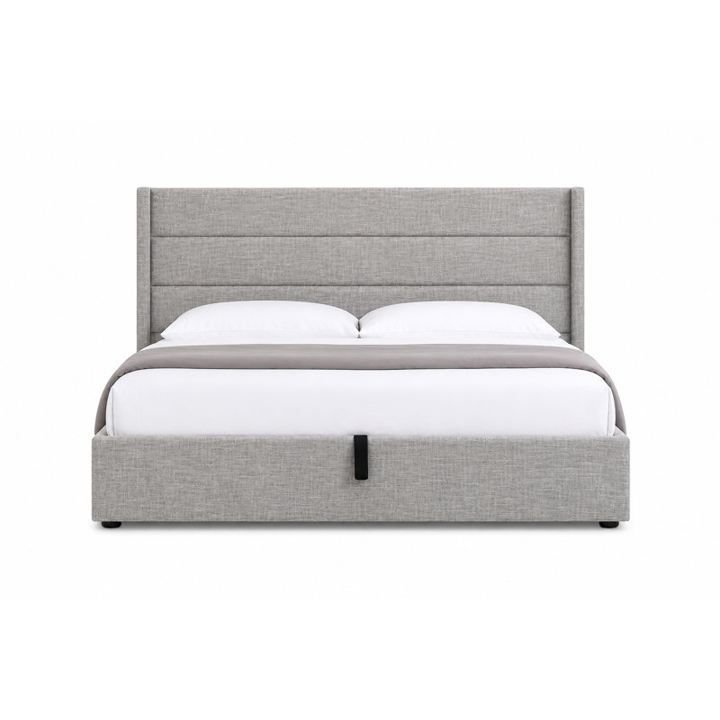 Lit plateforme tapissier avec lit de rangement relevable hydraulique, tête de lit capitonnée à oreilles, cadre de lit moderne, gris, double