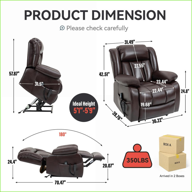 Fauteuils inclinables, fauteuil relevable électrique en similicuir brun moyen avec moteur double, massage en 8 points et amp; Chauffage lombaire | Capacité de 350 lb