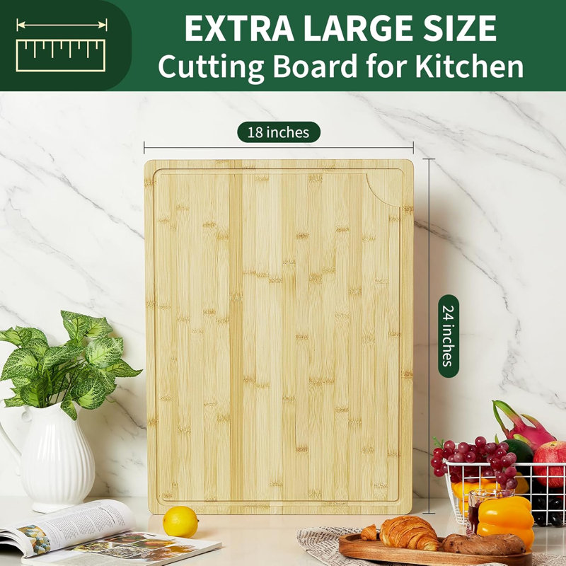 Planches à découper en bambou pour la cuisine, très grande planche à découper en bois de 24 po x 18 po avec rainures profondes et poignée, conception réversible, planche à découper robuste pour la cuisine et le service