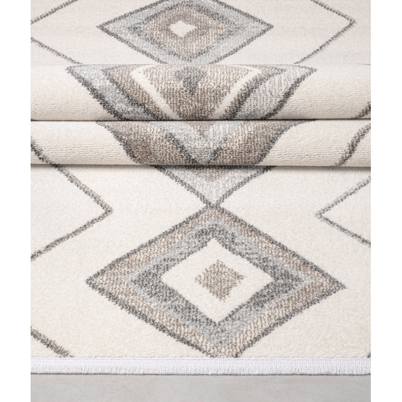 Tapis rectangulaire en polypropylène tissé à la machine géométrique crème / gris, Rectangle 6 pi 7 po x 9 pi 6 po