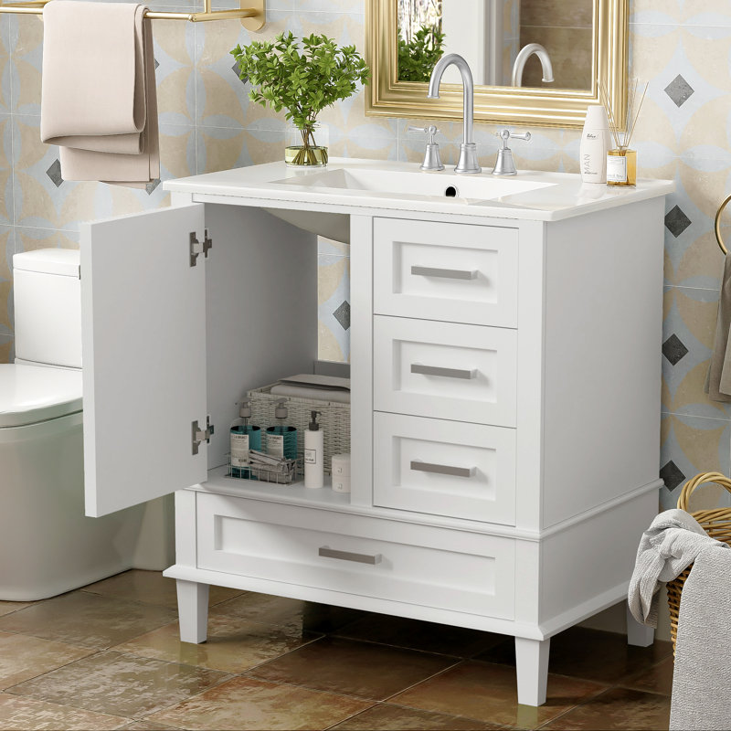 Ensemble de meuble-lavabo moderne avec ensemble lavabo 30 po, meuble-lavabo moderne avec porte à fermeture douce et 3 tiroirs, structure en bois massif (blanc)