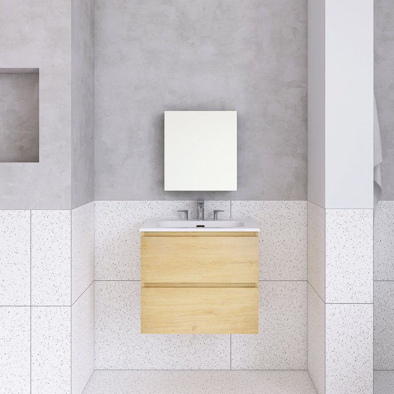 Meuble-lavabo mural avec lavabo en céramique et trois trous de robinet, Jaune, 24"
