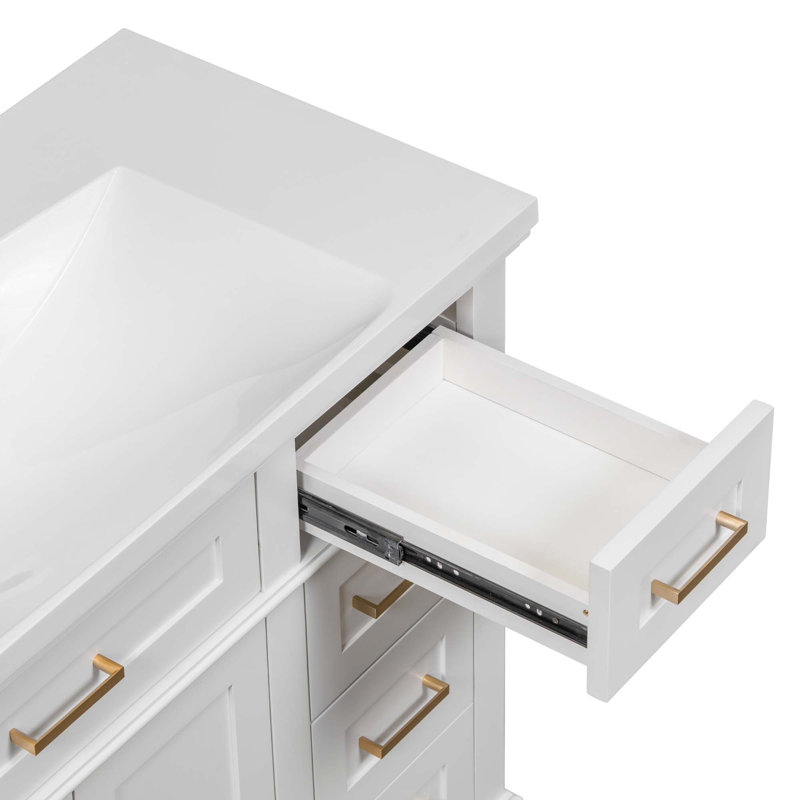 Meuble-lavabo moderne avec lavabo en résine, 2 portes à fermeture douce et 4 tiroirs, Blanc
