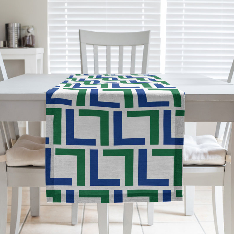Chemin de table Seattle, 90 po x 16 po, Argent / Bleu / Blanc, polyester