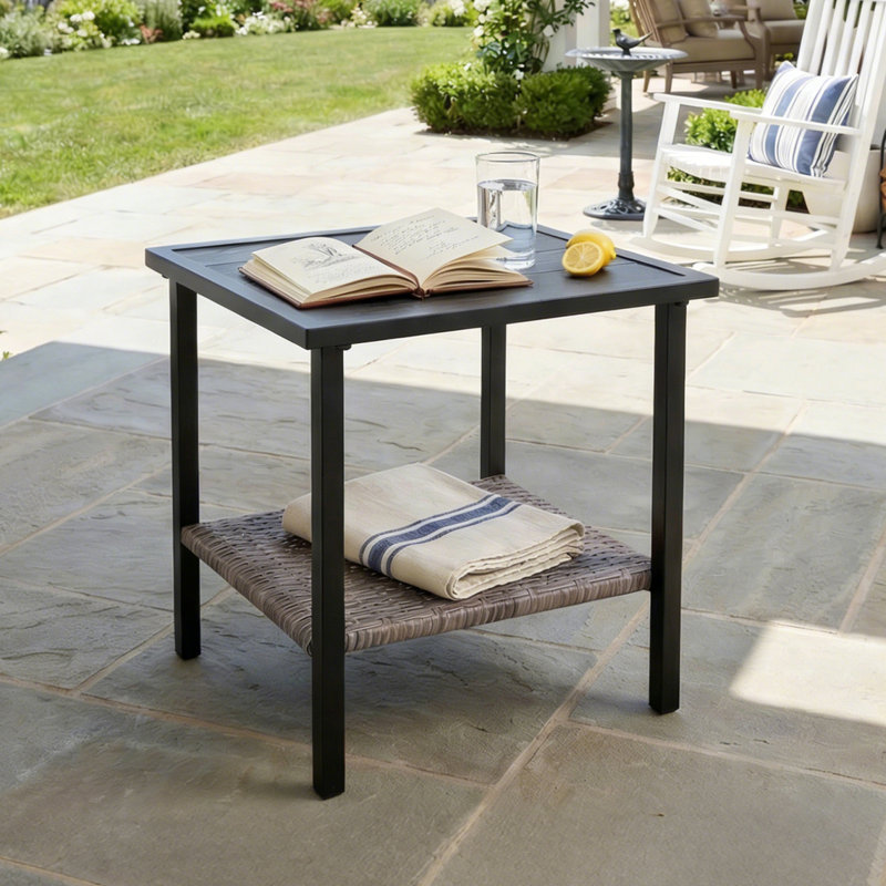 Outdoor Wicker Side Table with Steel Top – Functional and Stylish Storage End Table for Patios, Balconies, Porches, and Decks