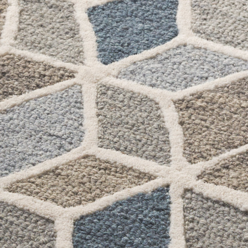 Ebony Hand Tufted Wool/Cotton Geometric Rug in Ivory/Blue, Round 6'