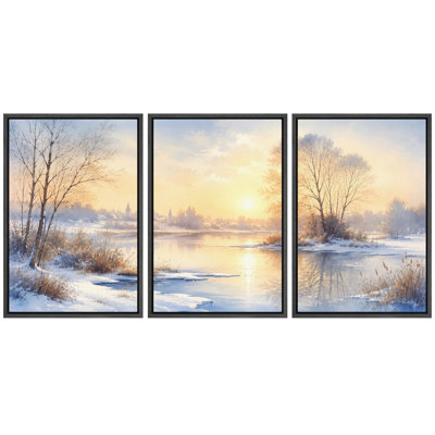  Sunrise Snowy Lake Landscape Artwork, Living Room Pictures, Framed Canvas Giclee Print 3 Pieces Wall Art - 24"x36"x3pcs