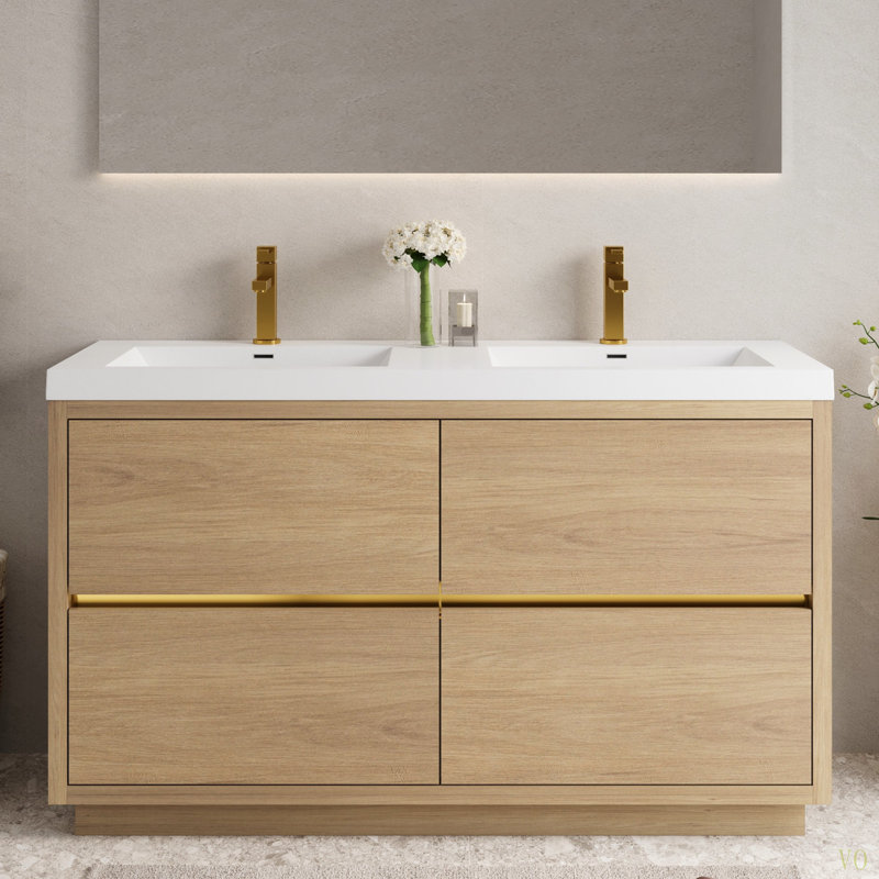 Meuble-lavabo autoportant de 60 po avec double lavabo, meuble-lavabo avec comptoir en résine de pierre et tiroirs à fermeture en douceur