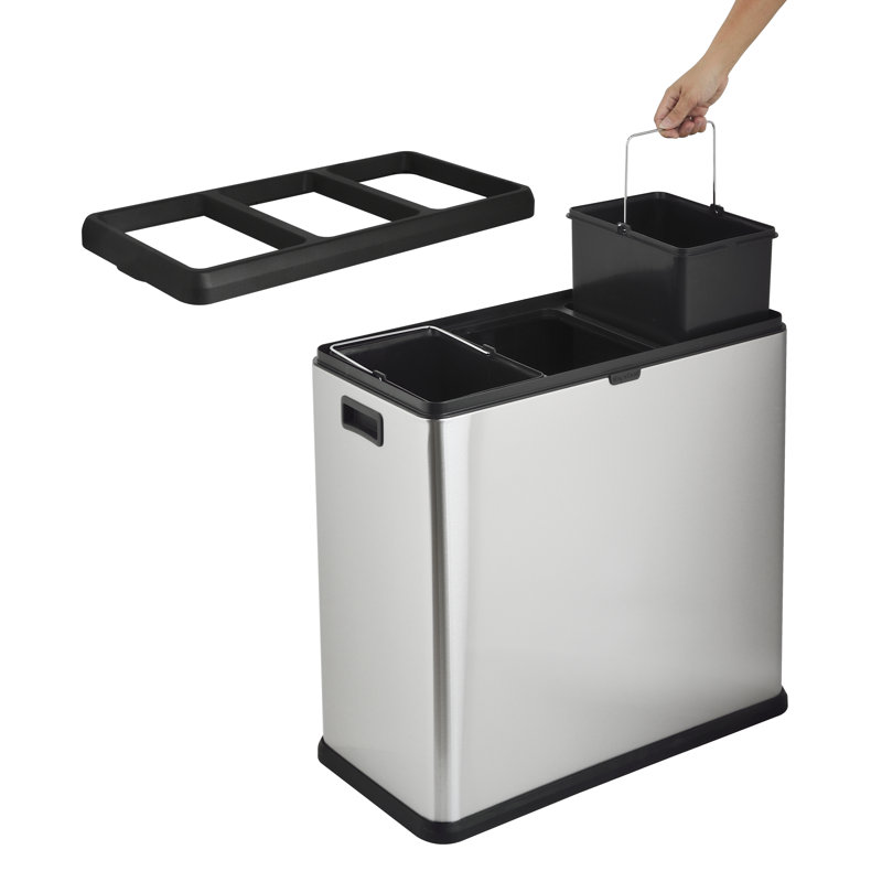 Poubelle et bac de recyclage multi-compartiments en acier inoxydable, 16, H 23 po x l 23 po x P 12 po