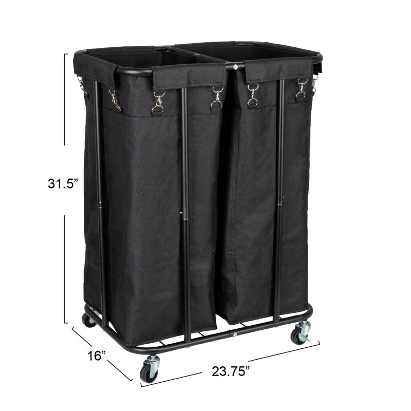 Black Metal 2-Bag Rolling Laundry Sorter with Wheels