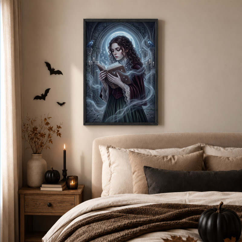 Femme lisant un livre magique avec des runes lumineuses et une toile d'Halloween, 36"H x 24"W