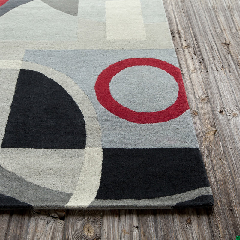 Tapis géométrique abstrait en laine touffeté à la main noir, gris et rouge Willa Authentic