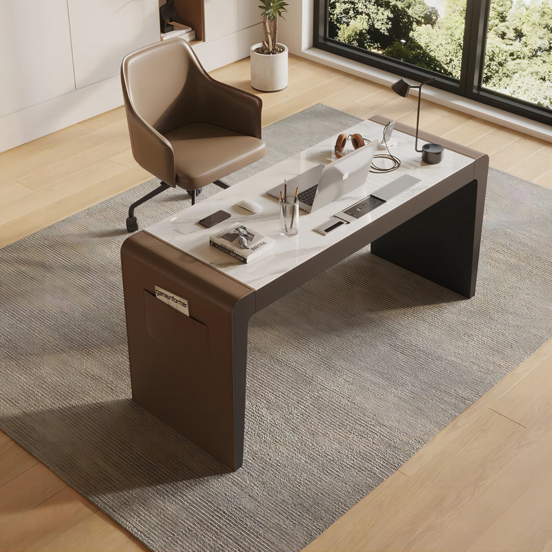Bureau rectangulaire en cuir brun 70,87 po avec 3 tiroirs, H 29,53 po x l 70,87 po x P 23,62 po