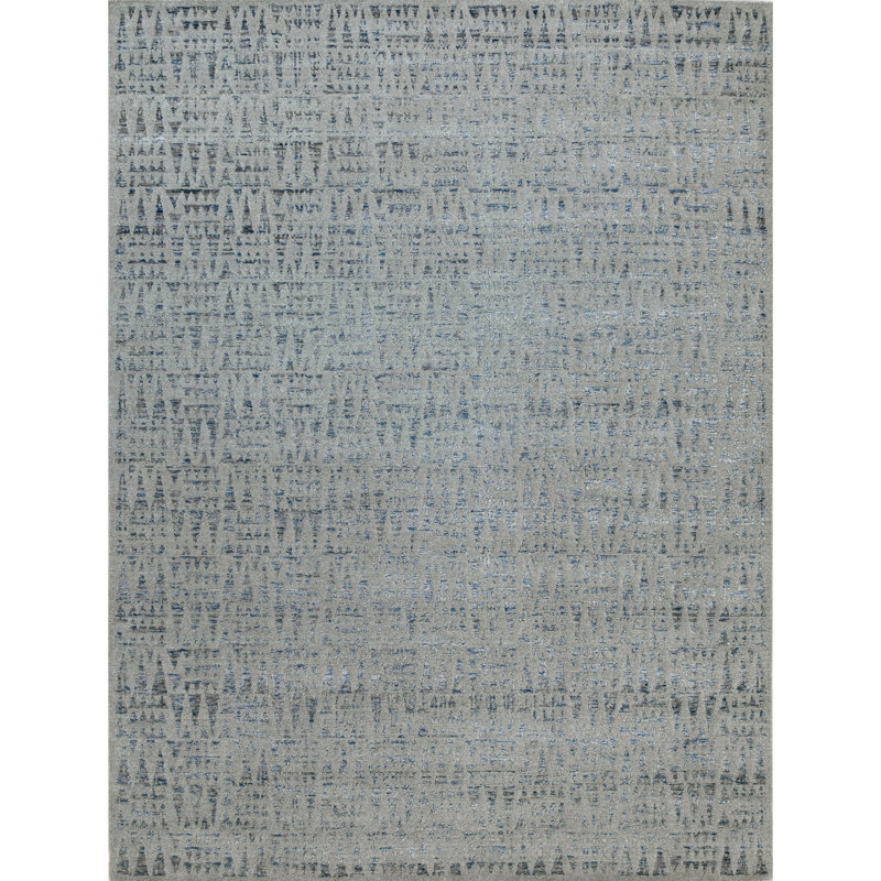 Tapis argent / bleu noué à la main, Rectangle 8 pi x 10 pi