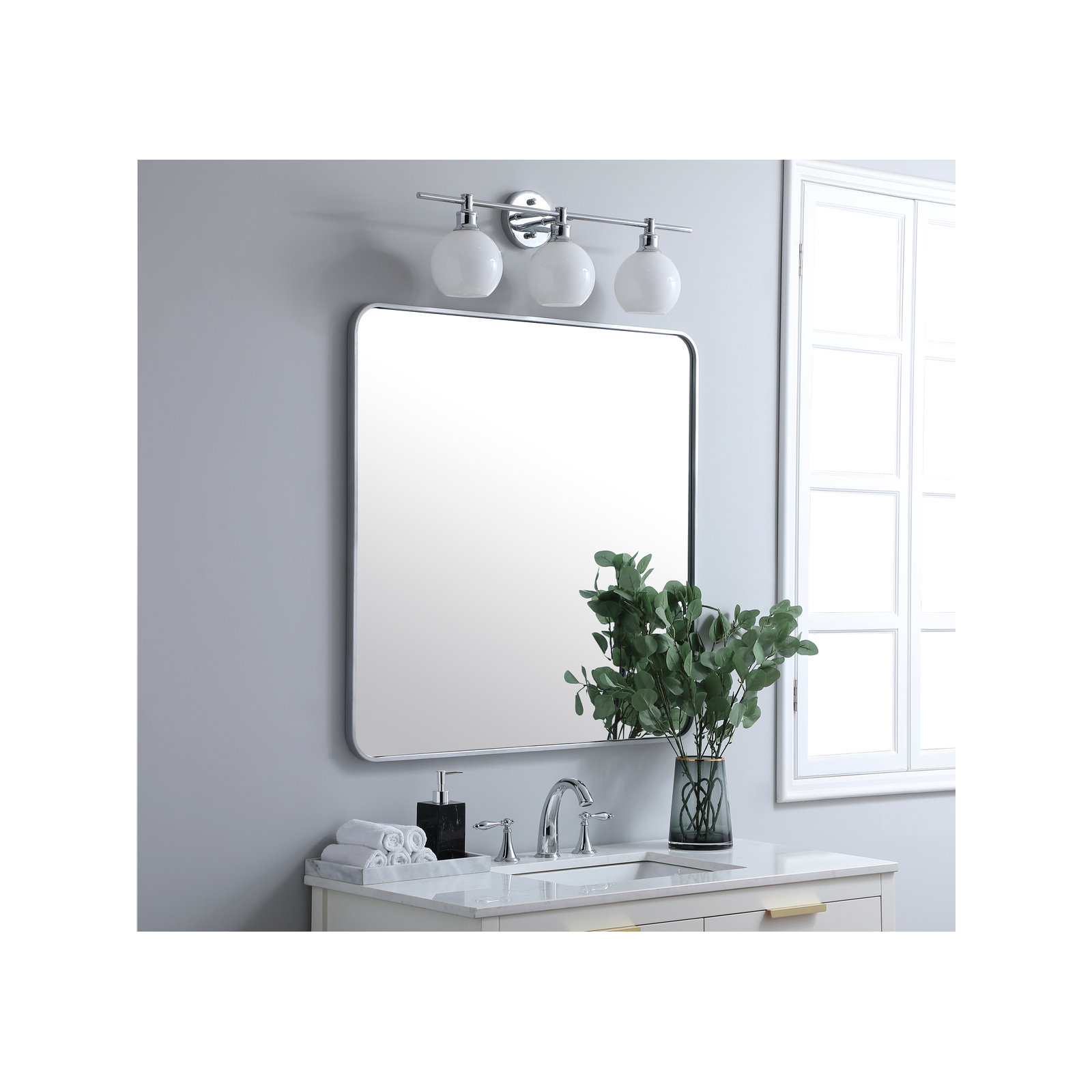 Sabine Metal Rounded Rectangle Wall Mirror, Silver, 36" x 36"