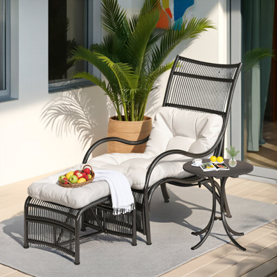 Outdoor 3-Piece Wicker Furniture Set - Lounge Chair, Ottoman & Acacia Table with Cushions for Garden, Deck or Porch